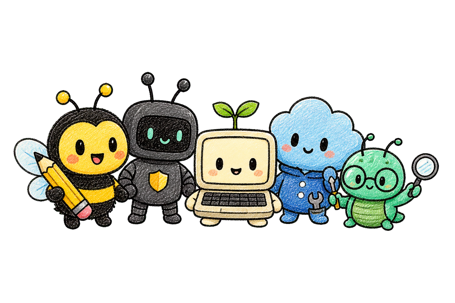 A cheerful hand-drawn crew of technology mascots